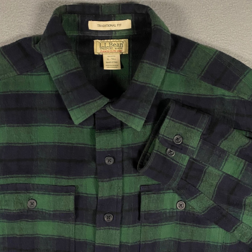 L.L. Bean Chamois Cloth Flannel Mens XL Tall Green Navy Plaid Traditional Fit